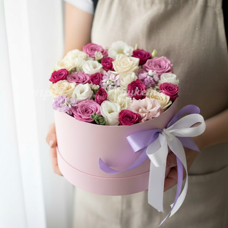 Белые гвоздики и розы в коробке