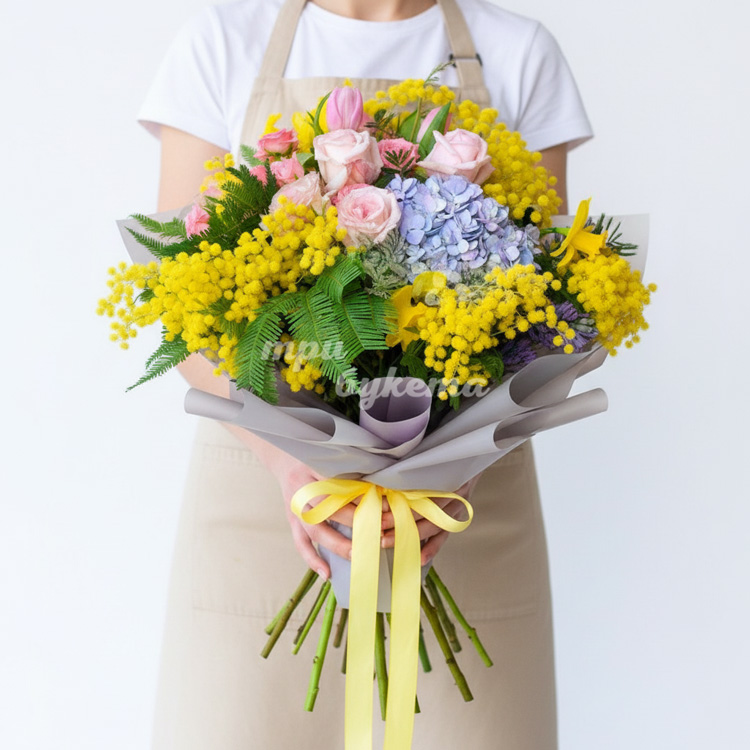 Букет из роз и мимоз на 8 марта