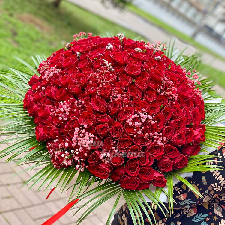 Букет из 201 красной розы 70 см (на фоне травы)