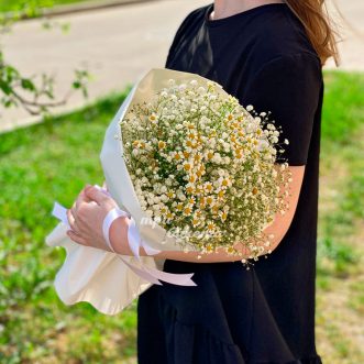 Белый букет из ромашек и гипсофилы