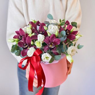 Коробка бордовых орхидей и белых эустом