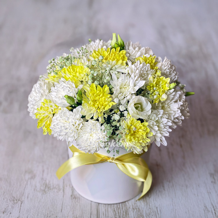 Шляпная коробка белых и желтых хризантем